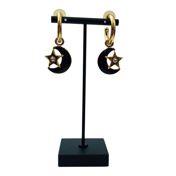 Vintage 80's Earrings Black Half Moon Gold Hoop Dangle Rhinestone Spacecore - Picture 12 of 16